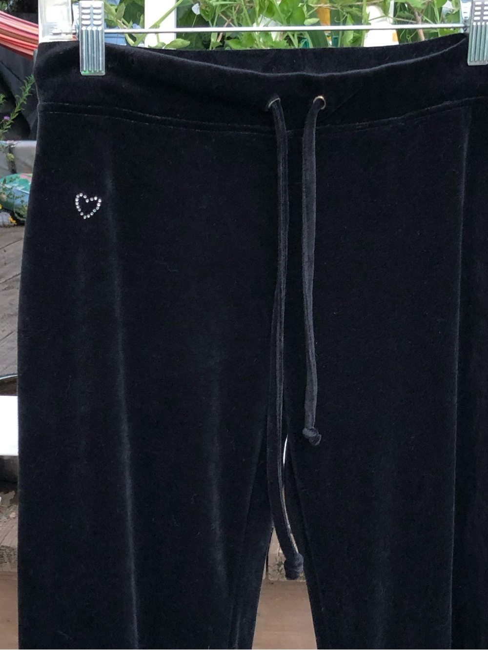 Y2K Bratz Low Rise Black Velour Velvet Drawstring Pants with Rhinestone Heart